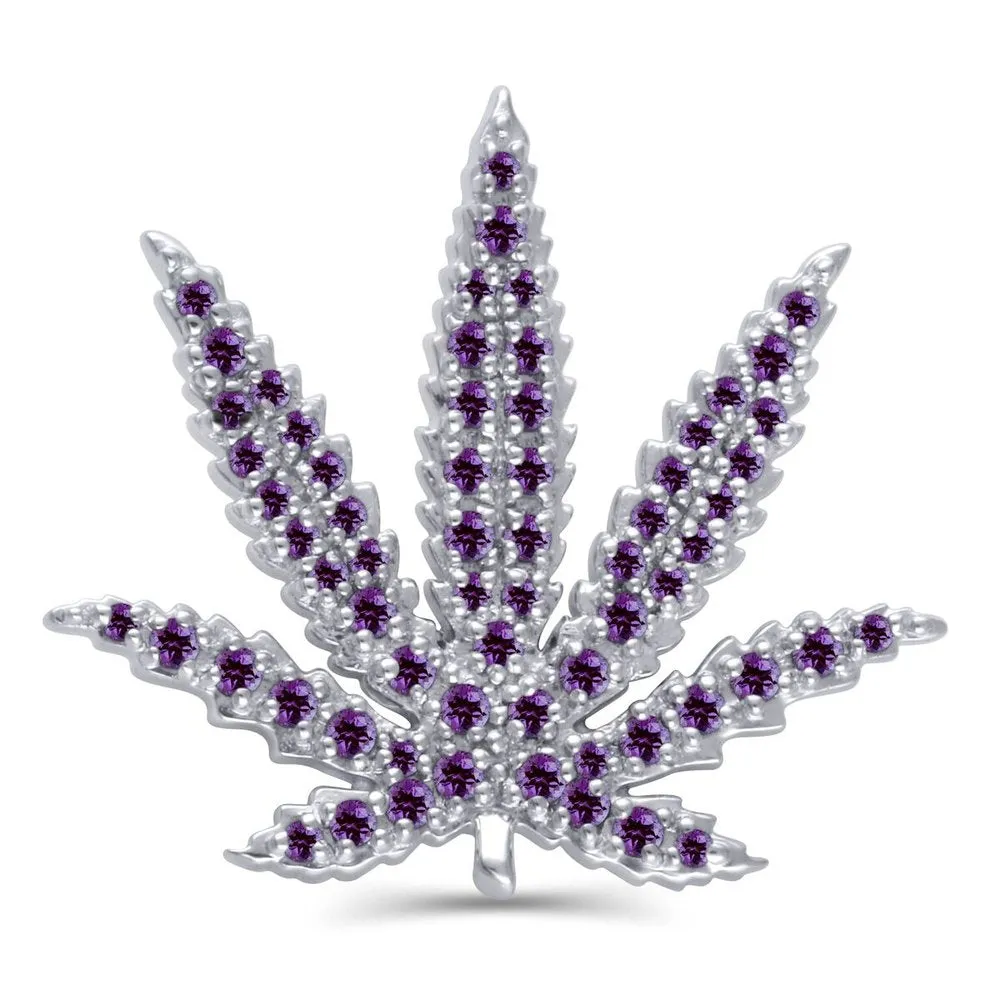 Sterling Silver Sativa Leaf Pendant with Amethyst Gemstones